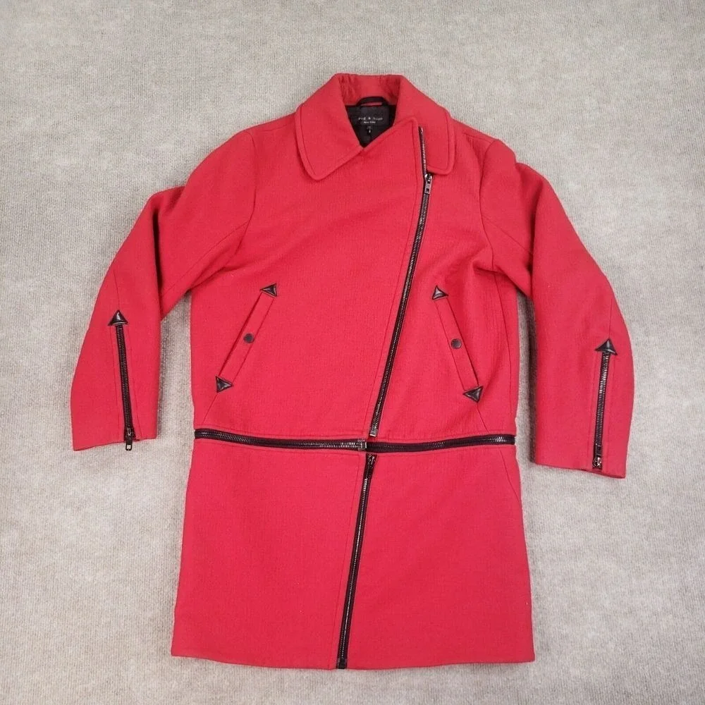 Rag & Bone Rally Zip Off Coat Womens Medium Red Wool Linen Blend Convertible‎